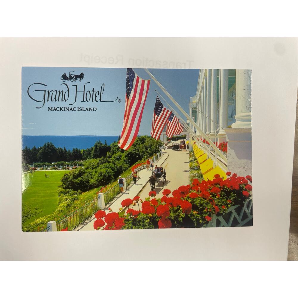 Vintage Grand Hotel Mackinac Island Postcard Michigan USA Flags Porch Carriage